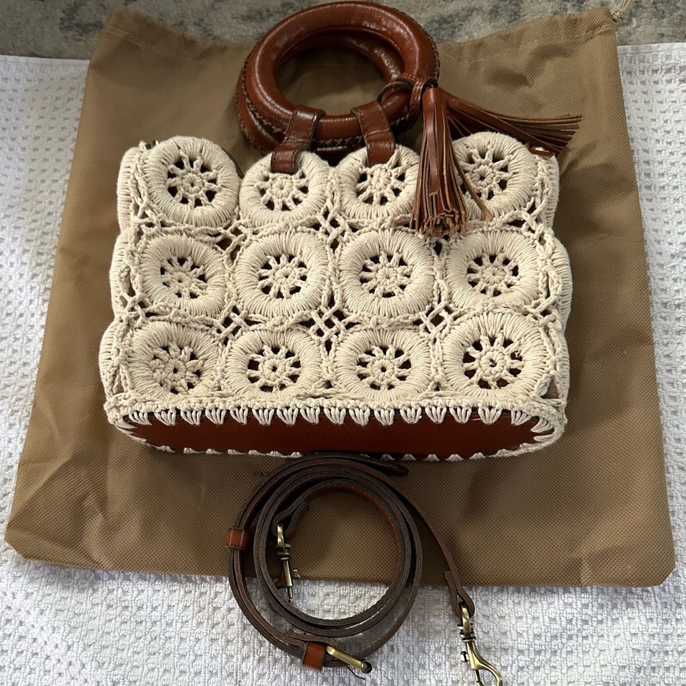 Patricia Nash Cream Crochet and Brown Leather Accent Women's Shoulder Bag